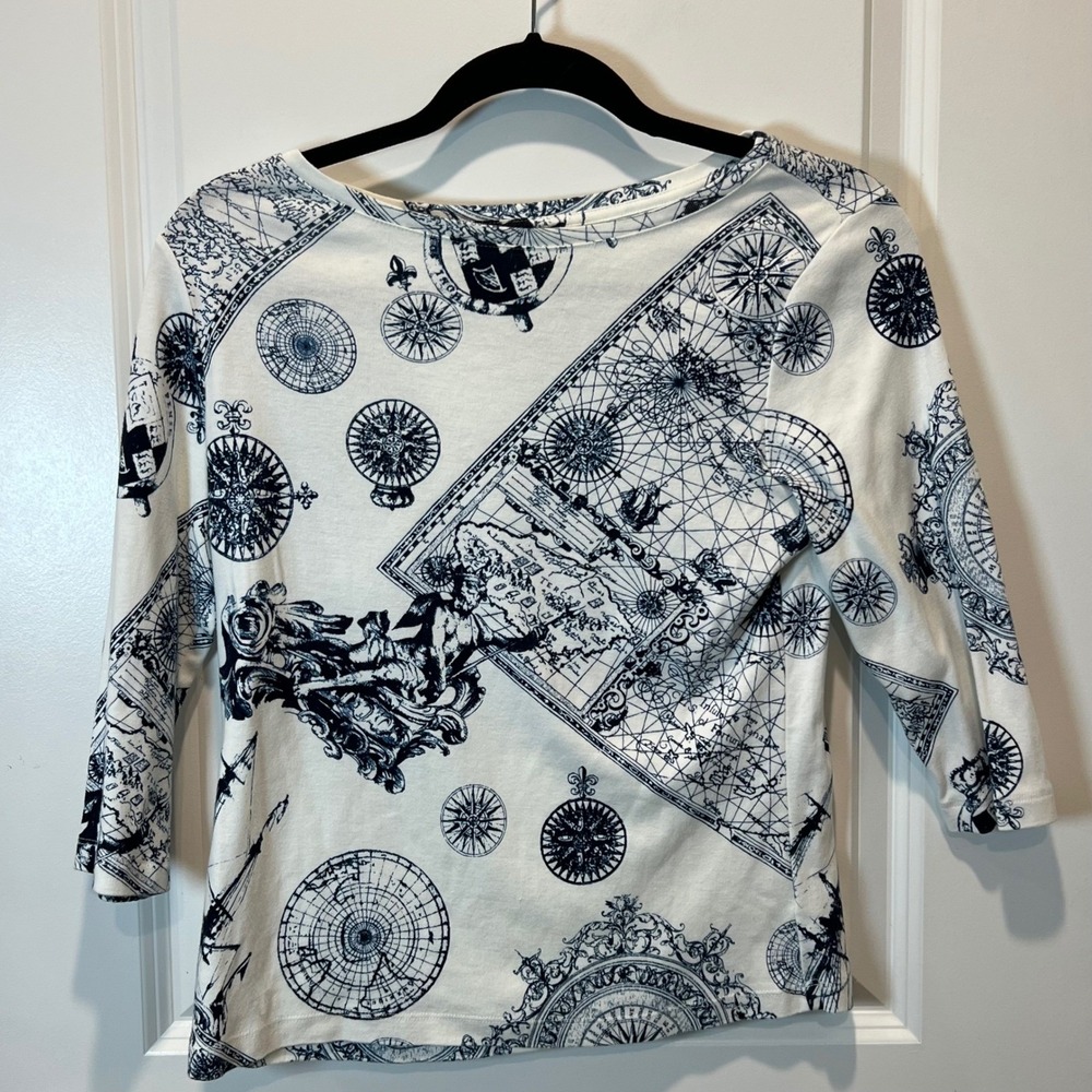 Talbots White and Black Printed Long Sleeve Tee